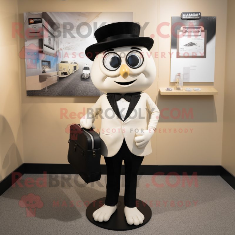 Cream Attorney mascot costume character dressed with a Tuxedo and Backpacks