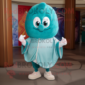 Turquoise Oyster mascot costume character dressed with a Dress Pants and Cummerbunds