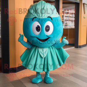 Turquoise Oyster mascot costume character dressed with a Dress Pants and Cummerbunds