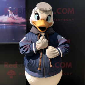 Navy Geese mascot costume character dressed with a Sweatshirt and Scarves