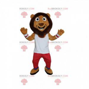 Mascotte de lion comique, avec une tenue de sport rouge et