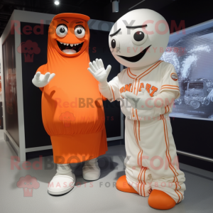 Orange Baseball Glove mascot costume character dressed with a Wedding Dress and Mittens