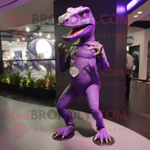 Purple Allosaurus mascot costume character dressed with a Jeggings and Bracelet watches