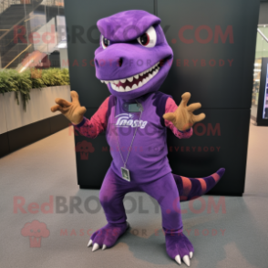 Purple Allosaurus mascot costume character dressed with a Jeggings and Bracelet watches