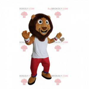Mascotte de lion comique, avec une tenue de sport rouge et