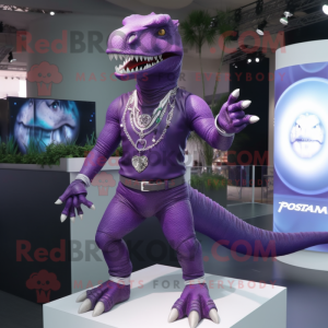 Purple Allosaurus mascot costume character dressed with a Jeggings and Bracelet watches