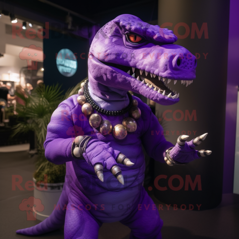 Purple Allosaurus mascot costume character dressed with a Jeggings and Bracelet watches