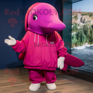 Magenta Humpback Whale mascot costume character dressed with a Romper and Beanies