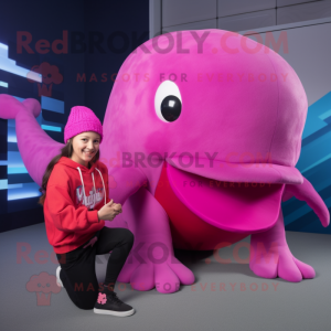 Magenta Humpback Whale mascot costume character dressed with a Romper and Beanies