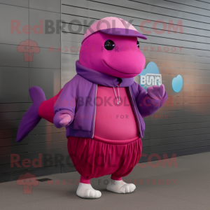 Magenta Humpback Whale mascot costume character dressed with a Romper and Beanies