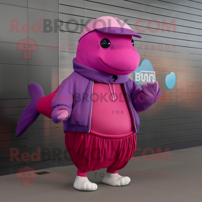 Magenta Humpback Whale mascot costume character dressed with a Romper and Beanies