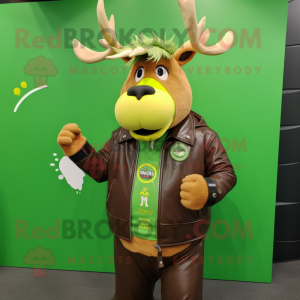 Lime Green Elk mascot costume character dressed with a Leather Jacket and Bracelet watches