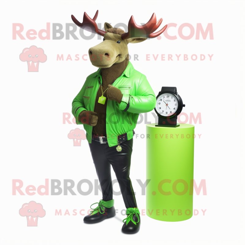 Lime Green Elk mascot costume character dressed with a Leather Jacket and Bracelet watches