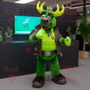 Lime Green Elk mascot costume character dressed with a Leather Jacket and Bracelet watches