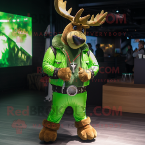 Lime Green Elk mascot costume character dressed with a Leather Jacket and Bracelet watches