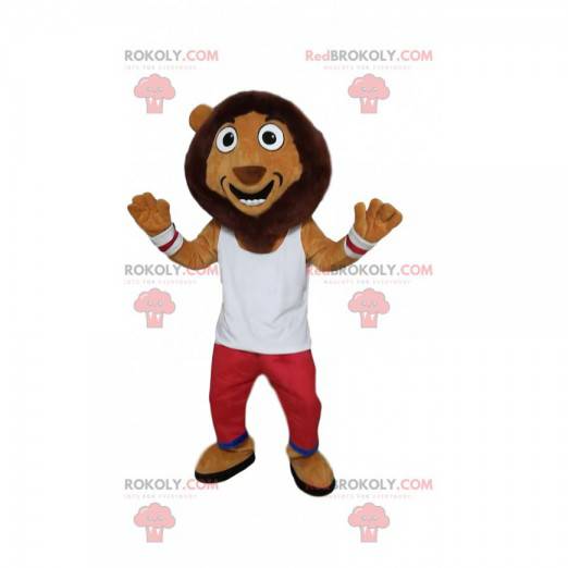 Komiczna maskotka lwa z czerwono-białą odzieżą sportową -