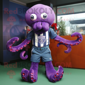 Purple Octopus mascot costume character dressed with a Rugby Shirt and Bow ties