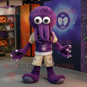 Purple Octopus mascot costume character dressed with a Rugby Shirt and Bow ties
