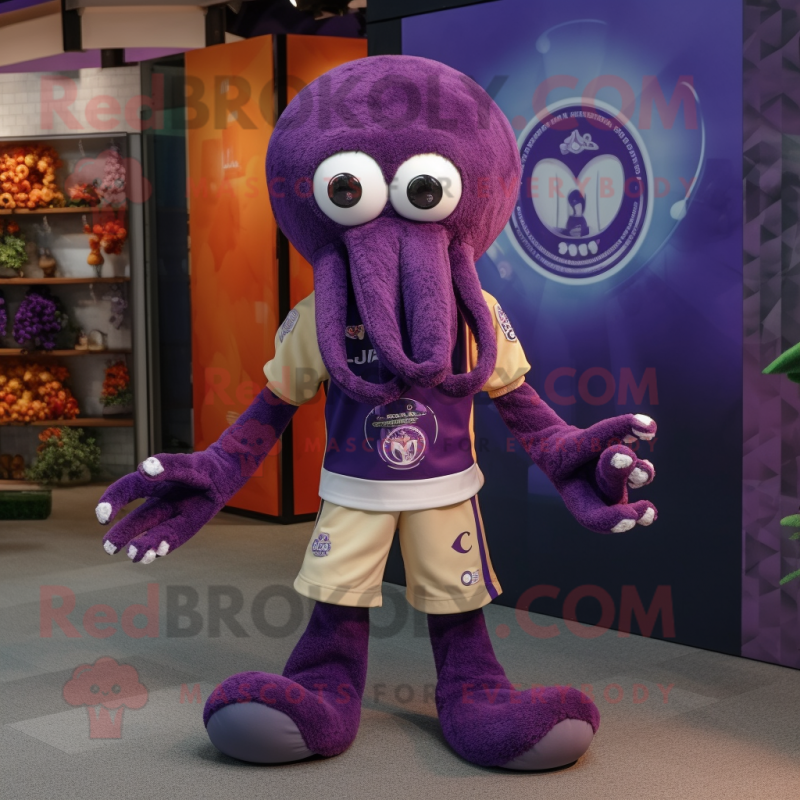 Purple Octopus mascot costume character dressed with a Rugby Shirt and Bow ties