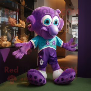 Purple Octopus mascot costume character dressed with a Rugby Shirt and Bow ties