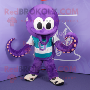 Purple Octopus mascot costume character dressed with a Rugby Shirt and Bow ties