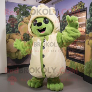 Cream Broccoli mascot costume character dressed with a Parka and Mittens