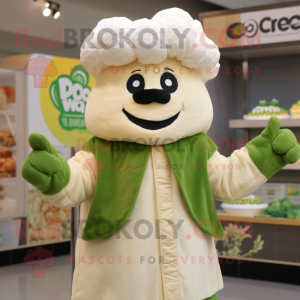 Cream Broccoli mascot costume character dressed with a Parka and Mittens