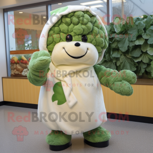 Cream Broccoli mascot costume character dressed with a Parka and Mittens