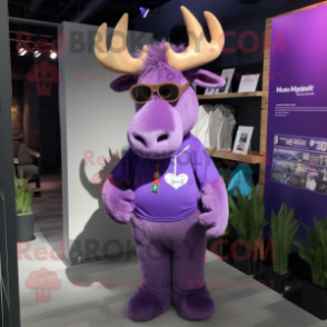 Purple Moose mascot costume character dressed with a V-Neck Tee and Eyeglasses