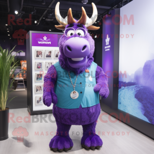 Purple Moose mascot costume character dressed with a V-Neck Tee and Eyeglasses