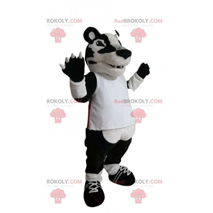 Mascot tigre blanco y negro con camiseta blanca. -