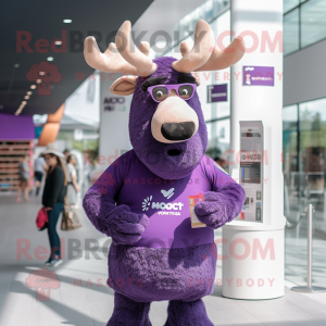 Purple Moose mascot costume character dressed with a V-Neck Tee and Eyeglasses