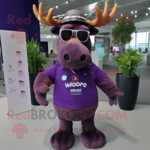 Purple Moose mascot costume character dressed with a V-Neck Tee and Eyeglasses