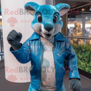 Cyan Kangaroo mascot costume character dressed with a Leather Jacket and Gloves