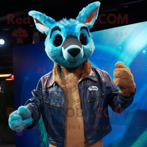 Cyan Kangaroo mascot costume character dressed with a Leather Jacket and Gloves