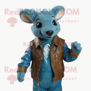 Cyan Kangaroo mascot costume character dressed with a Leather Jacket and Gloves