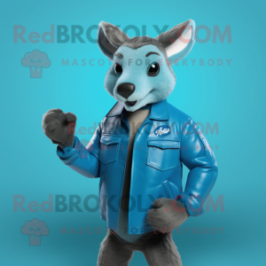 Cyan Kangaroo mascot costume character dressed with a Leather Jacket and Gloves