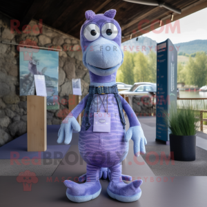 Lavender Loch Ness Monster mascot costume character dressed with a Jeans and Hairpins