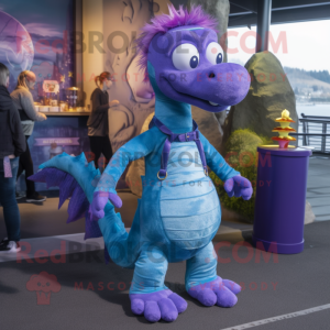Lavender Loch Ness Monster mascot costume character dressed with a Jeans and Hairpins