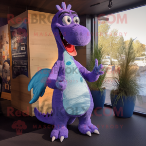 Lavender Loch Ness Monster mascot costume character dressed with a Jeans and Hairpins