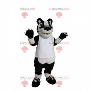 Mascot tigre blanco y negro con camiseta blanca. -