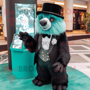 Teal Sloth Bear mascot costume character dressed with a Tuxedo and Coin purses