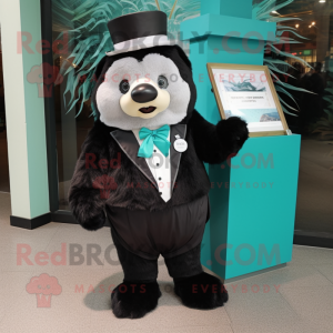 Teal Sloth Bear mascot costume character dressed with a Tuxedo and Coin purses
