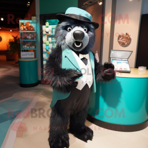 Teal Sloth Bear mascot costume character dressed with a Tuxedo and Coin purses