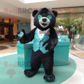 Teal Sloth Bear mascot costume character dressed with a Tuxedo and Coin purses