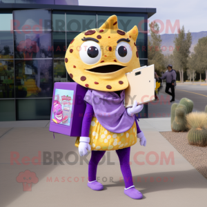 Lavender Nachos mascot costume character dressed with a Leggings and Briefcases