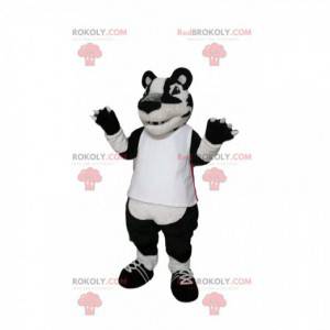 Mascot tigre blanco y negro con camiseta blanca. -