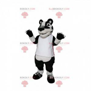 Mascotte tigre bianca e nera con una maglia bianca. -