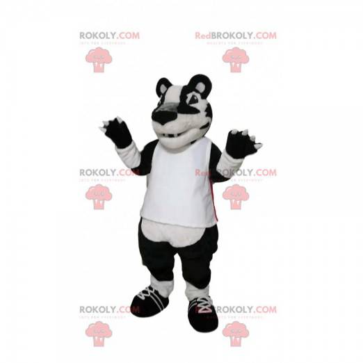 Mascotte de tigre blanc et noir avec un maillot blanc. -