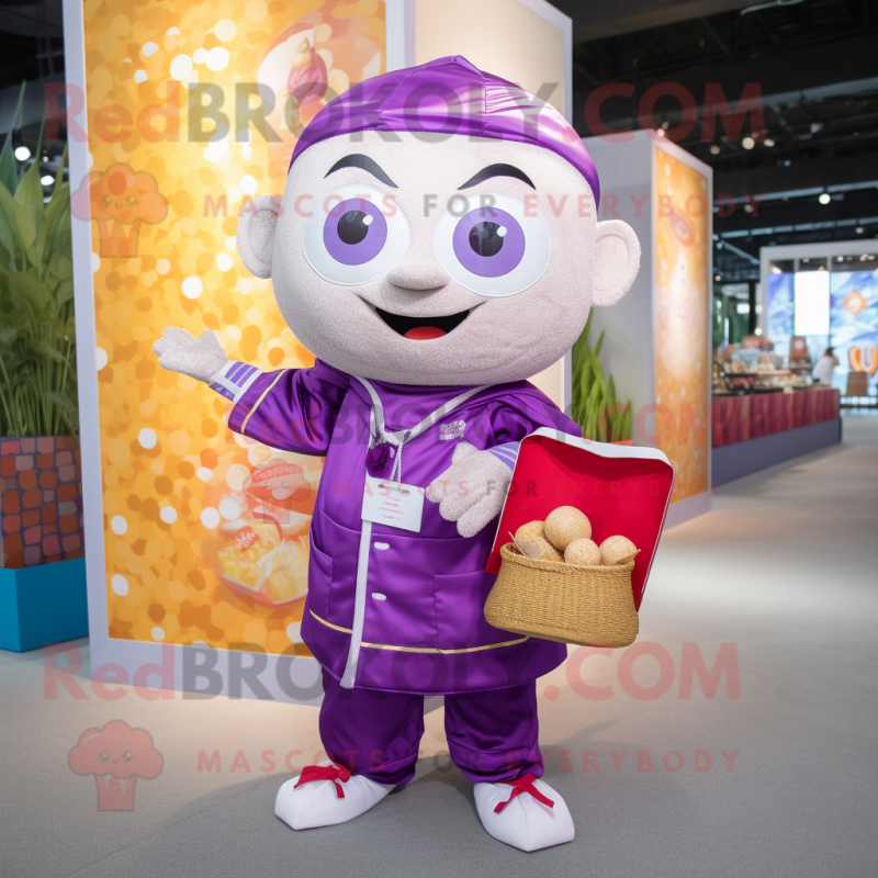 Purple Pad Thai mascot costume character dressed with a Poplin Shirt and Coin purses Purple Pad Thai mascot costume character dressed with a Poplin Shirt and Coin purses